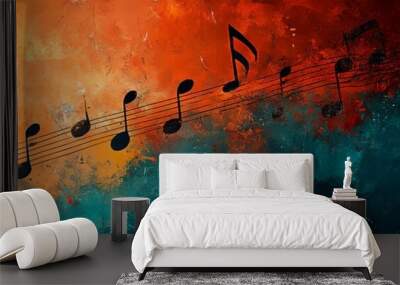 a painting of musical notes on a red and blue background Wall mural