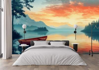 A red boat sits in a lake with a beautiful sunset in the background Wall mural