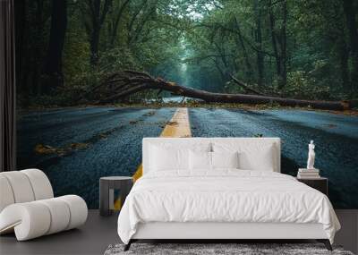 A tree branch has fallen on a road, creating a dangerous situation for drivers. Concept of danger and caution, as the fallen branch could cause accidents or obstruct the path for vehicles Wall mural