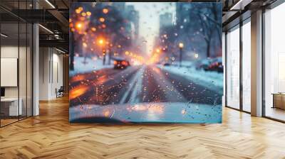 a view of a street from a car windshield in the rain at night Wall mural