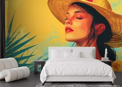 a woman wearing a straw hat and a yellow dress with a palm tree in the background Wall mural