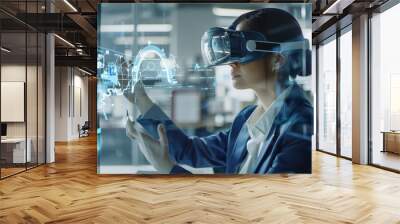 a woman wearing a virtual headset looking at a screen with a lot of data on it Wall mural