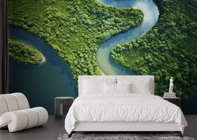 An aerial view of a river in the forest, generative AI Wall mural