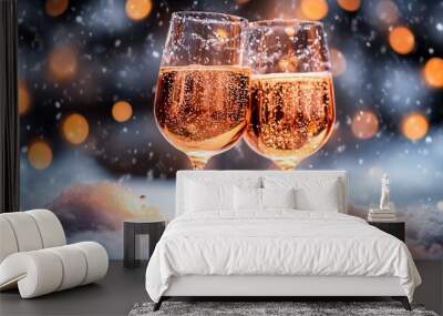 two glasses of champagne sitting on a snow covered table top with a blurry background of lights Wall mural