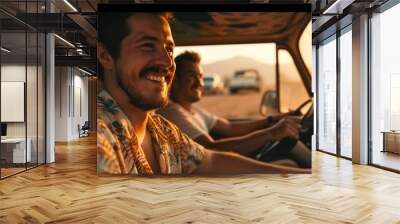 two men are smiling while driving a car Wall mural