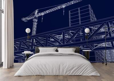 under construction site engineering with tower crane architecture 3d illustration line sketch bluepr Wall mural