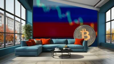 Bitcoin coin on the background of the Russian flag with a decline chart Wall mural