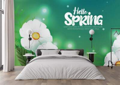 Hello Spring vector banner,poster design with colorful flower elements and green floral background for spring season.
 Wall mural