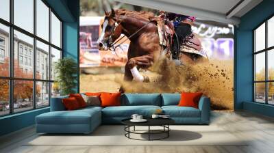 The side view of a rider stopping a horse in the sand. Wall mural