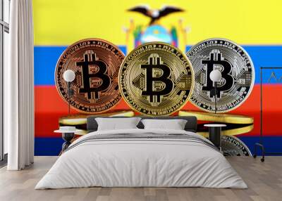 Physical version of Bitcoin (BTC) and Ecuador Flag. Conceptual image for investors in High Technology (Cryptocurrency, Blockchain Technology, Smart Contracts, ICO). Wall mural