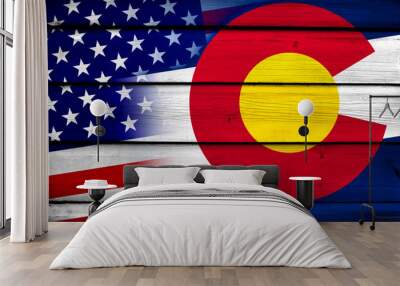 usa and colorado state flag on wood background Wall mural