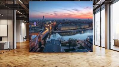 WROCLAW, POLAND - APRIL 02, 2016: Aerial view of Wroclaw. Illuminated city skyline during a beautiful sunset, April 02, 2016 in Wroclaw, Poland. Wall mural