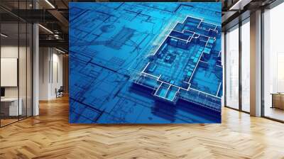 Abstract blue architecture plans background from above, building engineering blueprints backdrop Wall mural