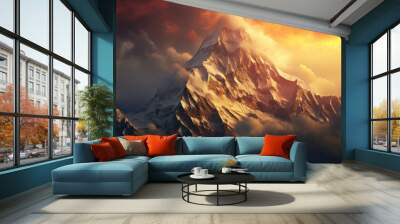 Inspiring mountain peak at sunrise with dramatic clouds, 7:4 Wall mural