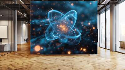 an atom with electrons orbiting, set against a cosmic starry background, symbolizing atomic energy a Wall mural