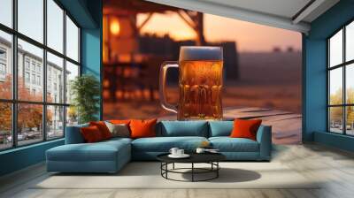 a cold beer mug in table in front of restaurant in the evening ambient lighting  Wall mural