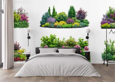 A colorful array of flowering plants and shrubs showcases a beautiful garden landscape under bright sunlight Wall mural