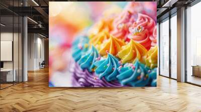 A detailed view of a vibrant rainbow cake topped with colorful icing on a transparent background Wall mural