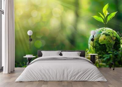 A glass earth globe sits on a bed of moss, with a new green sprout growing from the top, surrounded by a vibrant forest with sunlight filtering through the trees Wall mural