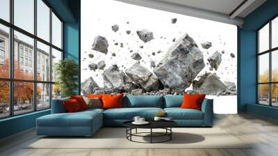 A large, gray stone wall explodes outward, sending shards and pieces flying through the air Wall mural