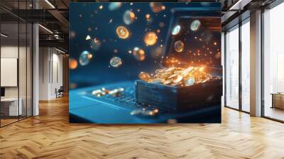 A treasure chest filled with shiny gold coins floats above an open laptop, emitting a magical glow in a dark environment Wall mural