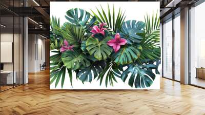 a vibrant painting featuring various tropical leaves and flowers in full bloom, showcasing the rich  Wall mural