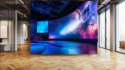 An empty stage illuminated by blue lights in a science center with a large curved screen displaying a nebula Wall mural