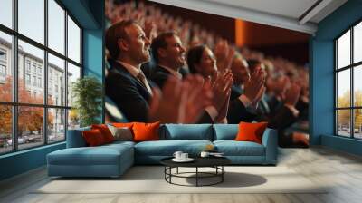 Attendees at a business conference enthusiastically applaud a speaker during an engaging presentation in a large auditorium Wall mural