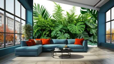 Beautiful composition with fern and other tropical leaves on white background. Banner design Wall mural