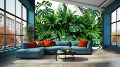 Beautiful composition with fern and other tropical leaves on white background. Banner design Wall mural