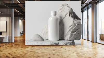 bottle of essential massage oil on stone - beauty treatment. Minimal white design packaging mock up Wall mural