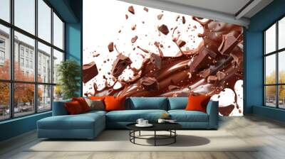 Chocolate liquid and Chocolate bar splashing in the middle isolated on white background Wall mural