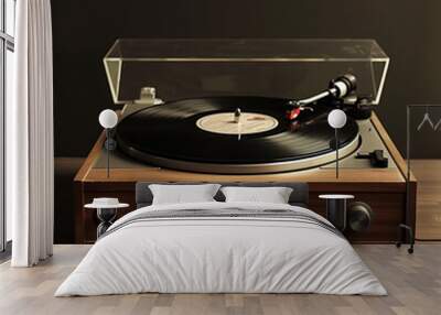 close up vintage turn table with Headphone on Wooden floor for template music Wall mural