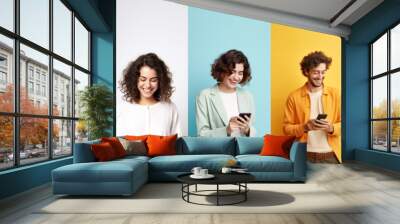 collage concepts of different caucasian happy people in casual style and different age holding cellphone, checking and using messenger. Wall mural