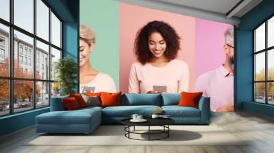 Collage Of People Portraits. Men And Women Using Smartphones While Standing Over Pastel Background, Laughing and Happy Young People Enjoying Mobile Communication Or Online Gaming, social media Wall mural