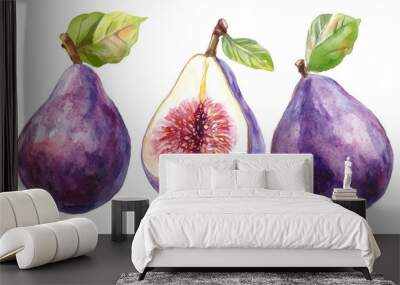 This display features three figs, two whole and one sliced, illustrating the glossy purple skin and intricate interior filled with tiny seeds, highlighting freshness and ripeness Wall mural