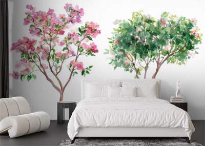 Two distinct flowering trees are depicted in watercolor, one covered in pink blooms while the other boasts lush green foliage, highlighting their natural beauty and artistic expression Wall mural