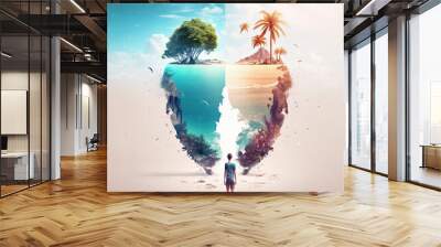 A man torn between two travel destinations, one tropical the other is rural, Generative AI Wall mural