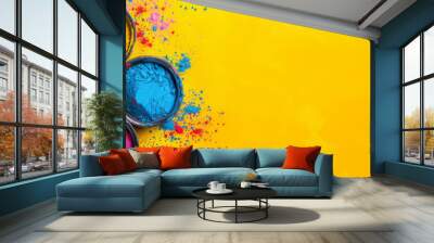 Holi background. Bowls of colorful gulal powder on yellow table flat lay with copy space. Festive Indian happy holidays greeting card, invitation or banner. Hindu festival of colours 8k backdrop. Wall mural