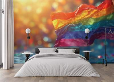 Pride Month advocacy campaign banner symbolizing diversity, inclusion, equality and empowerment. Vibrant glittery rainbow LGBTQ+ pride flag waves against a backdrop of festive, colorful bokeh lights Wall mural