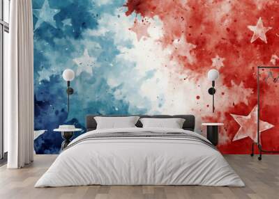 Watercolor abstract American flag stars background. Vibrant red, white and blue 8k banner, poster or greeting card or social media backdrop for Independence, Memorial Day or patriotic celebrations Wall mural