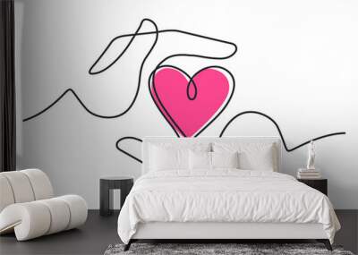 Continuous line drawing of red heart between two  human hands meaning care and love.  Vector illustration Wall mural