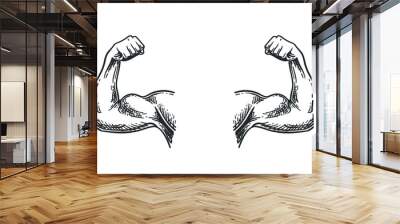 Muscular hands arms of strong man bodybuilder sketch engraving vector illustration. Bodybuilder muscle flex arm. Strong macho biceps. Wall mural