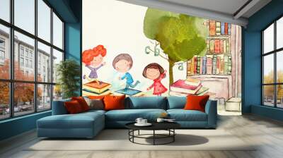 bookstore. watercolor illustration for children Wall mural