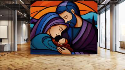 Holy Family, Nativity scene, Christmas stained glass, generative ai Wall mural