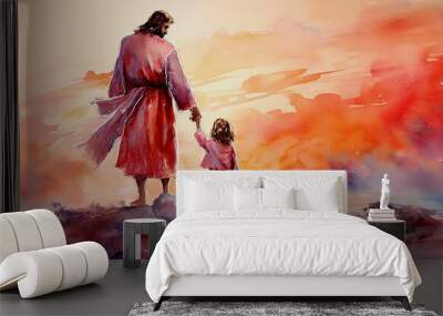 Jesus and child,watercolor biblical illustration, generative ai. Wall mural