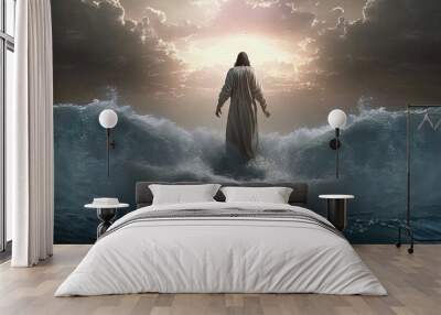 Jesus Christ walking on water of the Sea of Galilee, biblical illustration, generative ai Wall mural