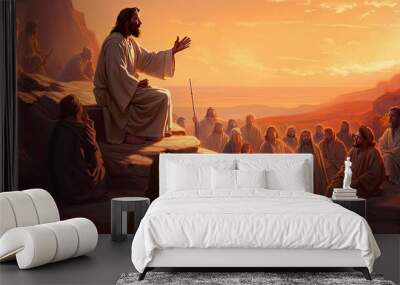 Jesus speaking by parables. Bible story. Painting illustration, generative ai. Wall mural