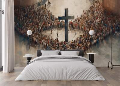 Many people around the cross, christian concept, modern painting, generative ai Wall mural