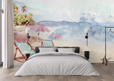 On the beach. Watercolor background Wall mural